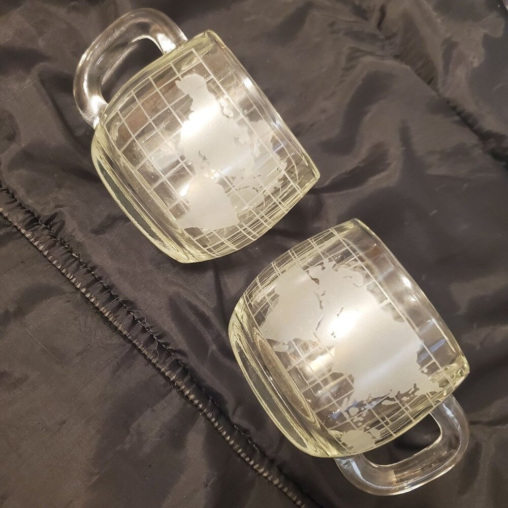 2 Vtg Nestle Nescafe World Globe Mugs Frosted Etched MCM